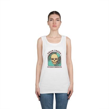 Skull & Palm Trees Unisex Heavy Cotton Tank Top - Ocean Breeze Vibe