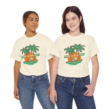 Sunsets & Palm Trees Unisex Heavy Cotton Tee - Beach Vibes Summer Shirt