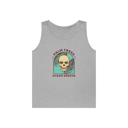 Skull & Palm Trees Unisex Heavy Cotton Tank Top - Ocean Breeze Vibe