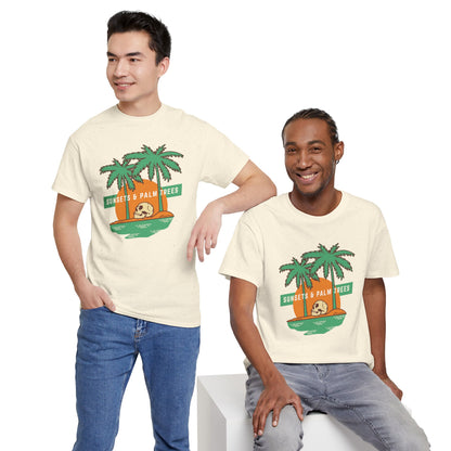 Sunsets & Palm Trees Unisex Heavy Cotton Tee - Beach Vibes Summer Shirt