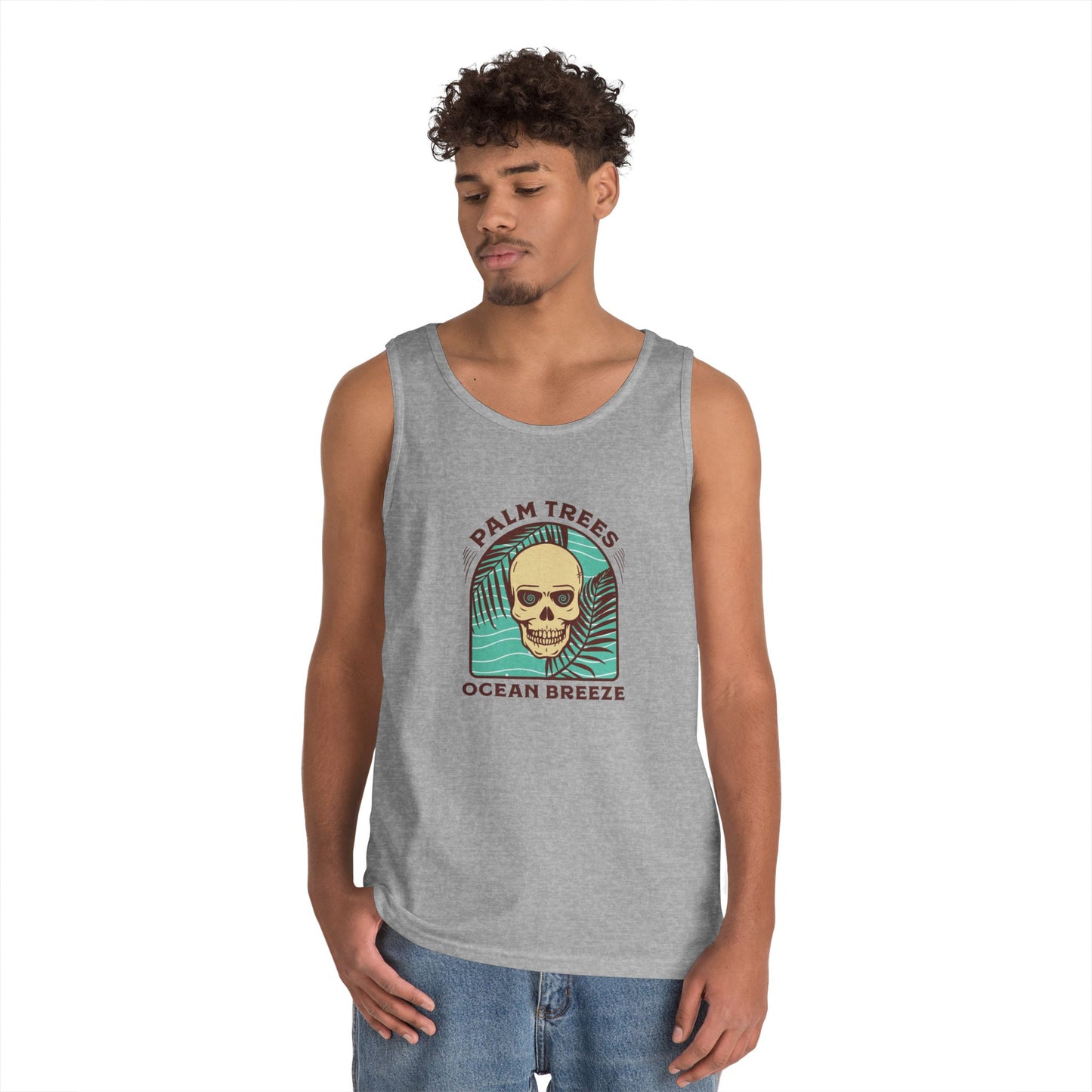 Skull & Palm Trees Unisex Heavy Cotton Tank Top - Ocean Breeze Vibe