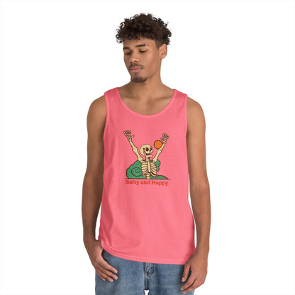 Salty and Happy Skeleton Unisex Heavy Cotton Tank Top - Perfect for Summer Vibes & Beach Days