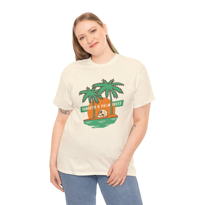 Sunsets & Palm Trees Unisex Heavy Cotton Tee - Beach Vibes Summer Shirt