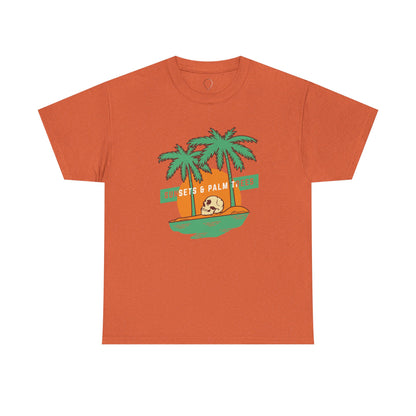 Sunsets & Palm Trees Unisex Heavy Cotton Tee - Beach Vibes Summer Shirt