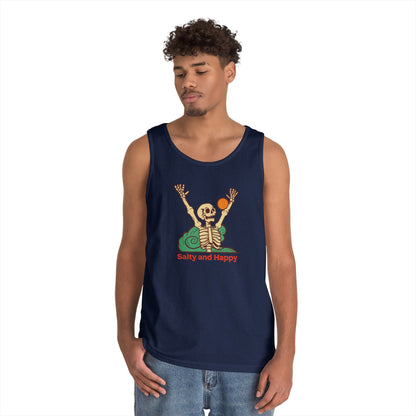 Salty and Happy Skeleton Unisex Heavy Cotton Tank Top - Perfect for Summer Vibes & Beach Days