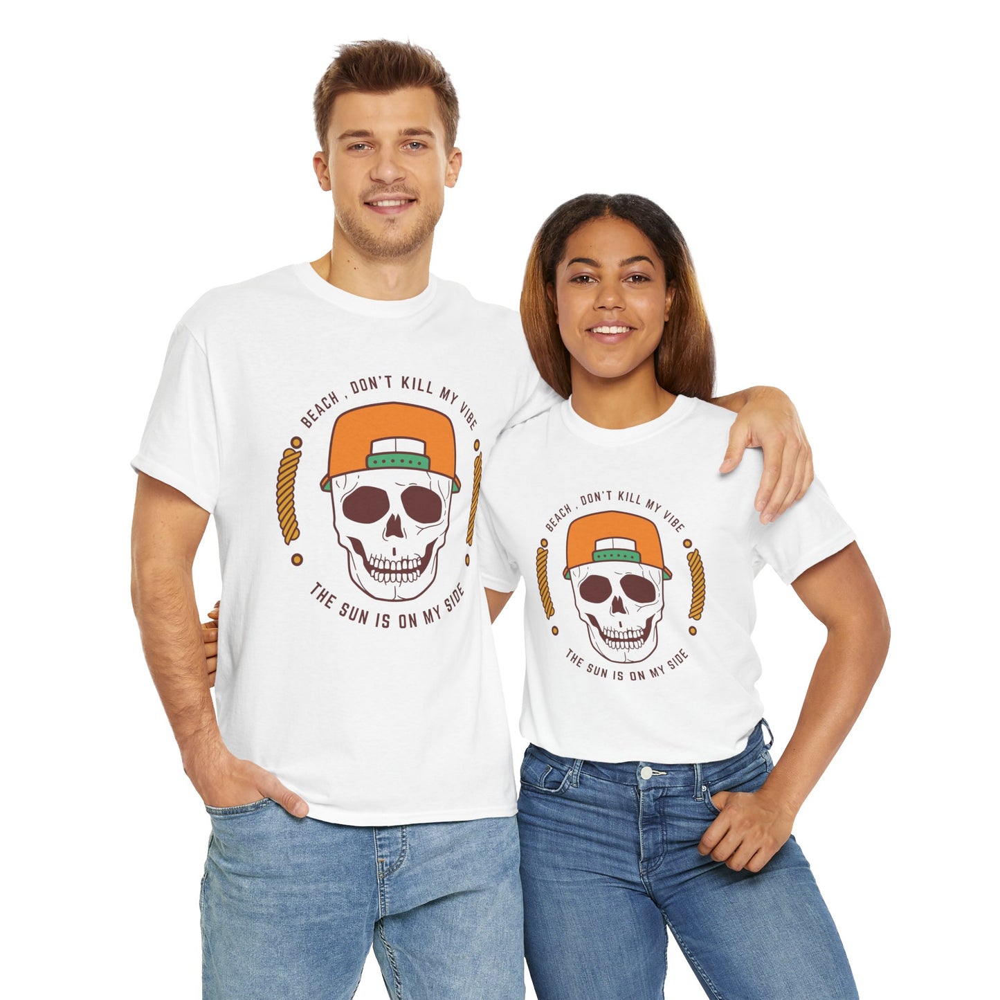 Beach Vibe Unisex Heavy Cotton Tee - "Don't Kill My Vibe" Skull Design