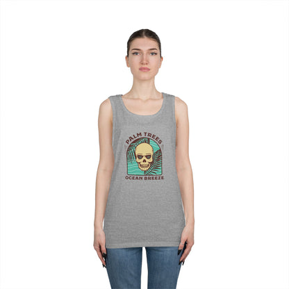 Skull & Palm Trees Unisex Heavy Cotton Tank Top - Ocean Breeze Vibe