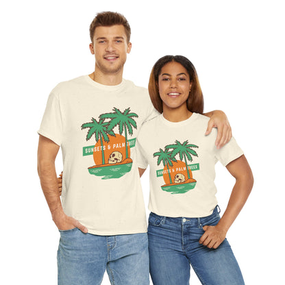 Sunsets & Palm Trees Unisex Heavy Cotton Tee - Beach Vibes Summer Shirt