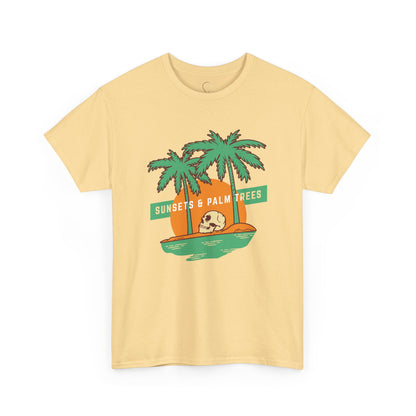 Sunsets & Palm Trees Unisex Heavy Cotton Tee - Beach Vibes Summer Shirt