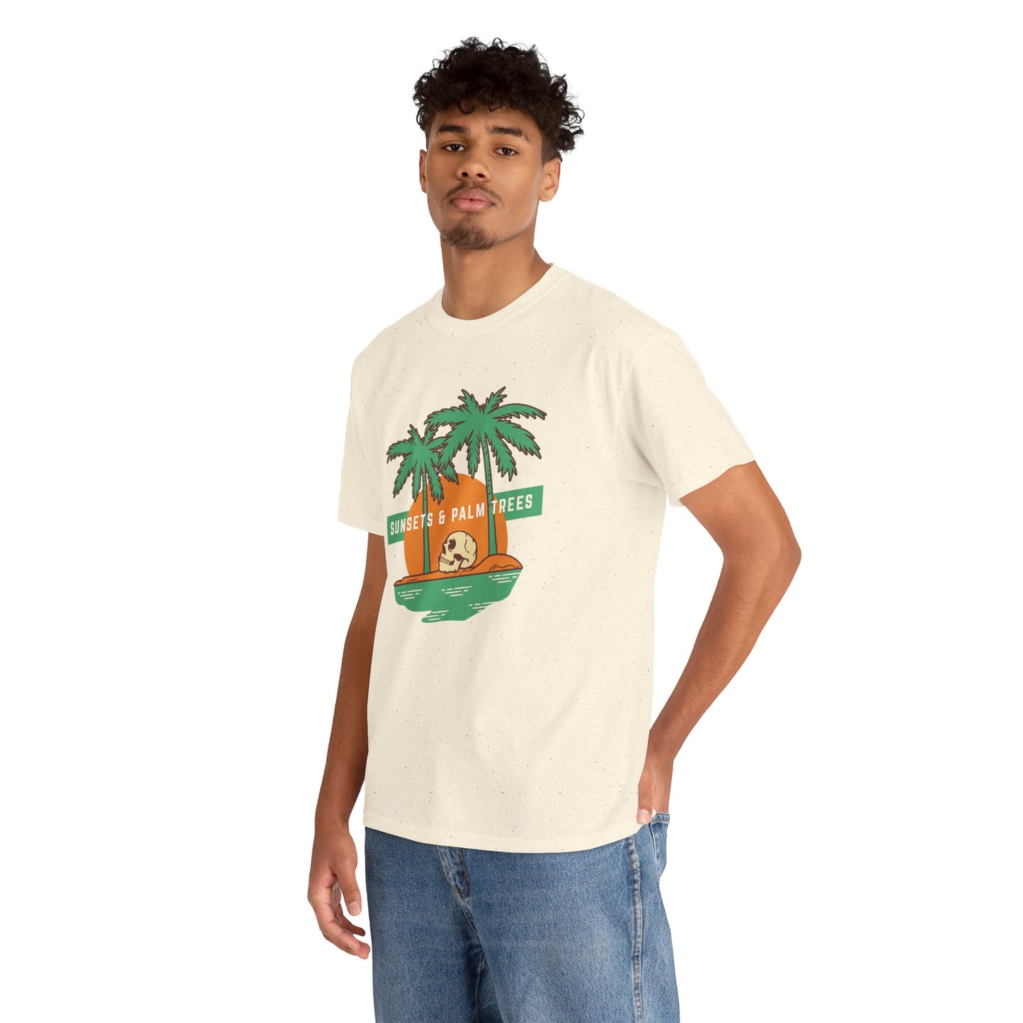 Sunsets & Palm Trees Unisex Heavy Cotton Tee - Beach Vibes Summer Shirt