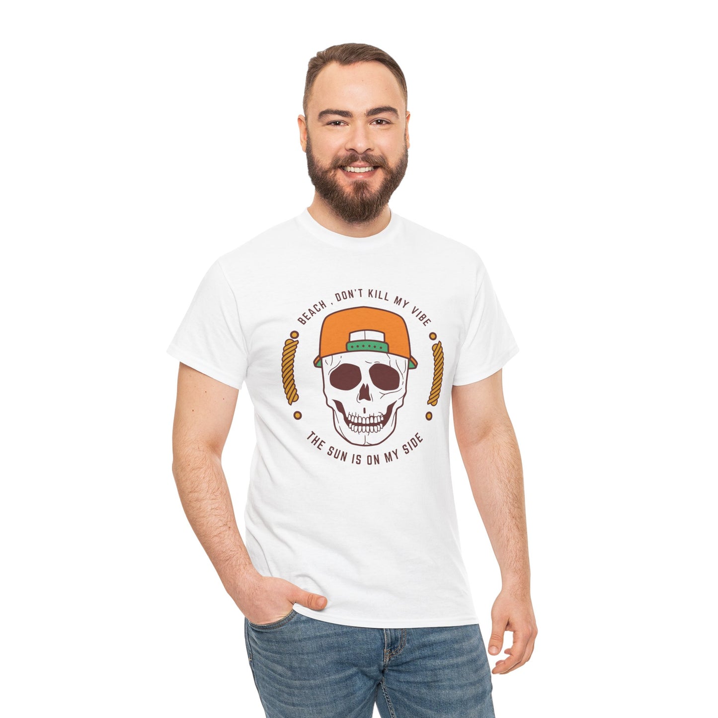 Beach Vibe Unisex Heavy Cotton Tee - "Don't Kill My Vibe" Skull Design