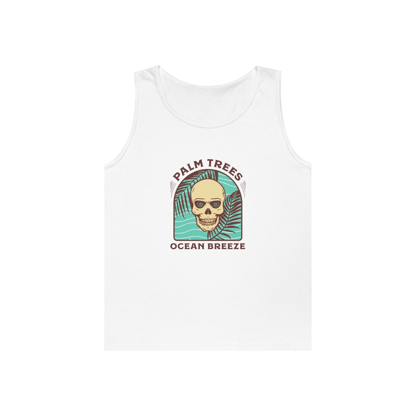 Skull & Palm Trees Unisex Heavy Cotton Tank Top - Ocean Breeze Vibe