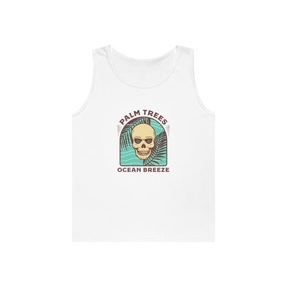 Skull & Palm Trees Unisex Heavy Cotton Tank Top - Ocean Breeze Vibe