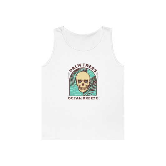 Skull & Palm Trees Unisex Heavy Cotton Tank Top - Ocean Breeze Vibe