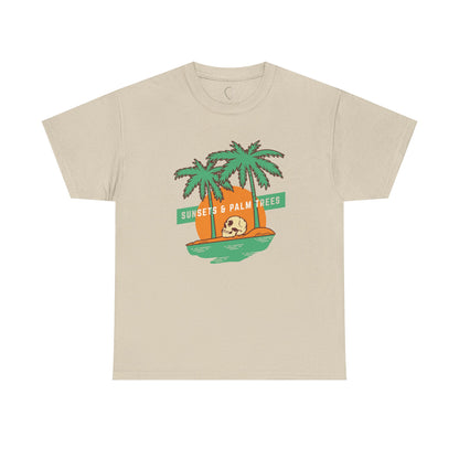 Sunsets & Palm Trees Unisex Heavy Cotton Tee - Beach Vibes Summer Shirt