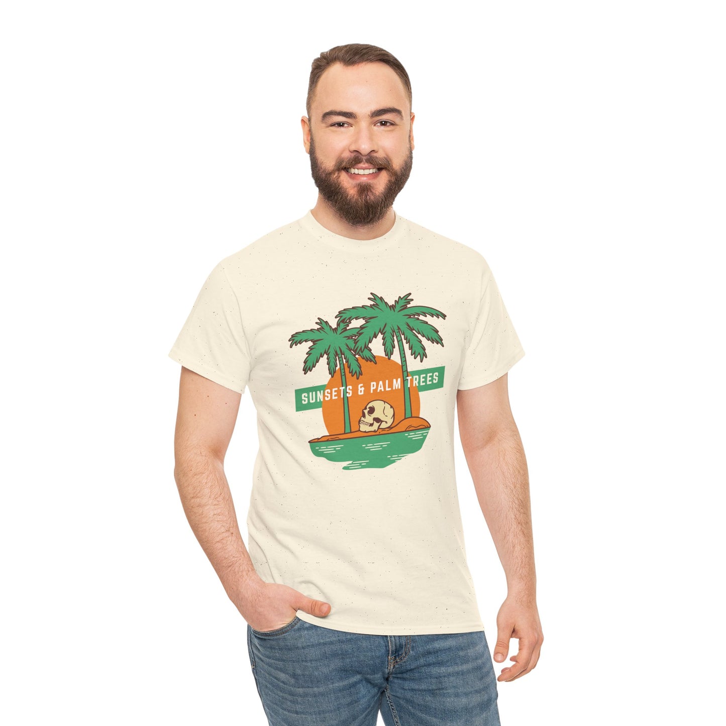 Sunsets & Palm Trees Unisex Heavy Cotton Tee - Beach Vibes Summer Shirt