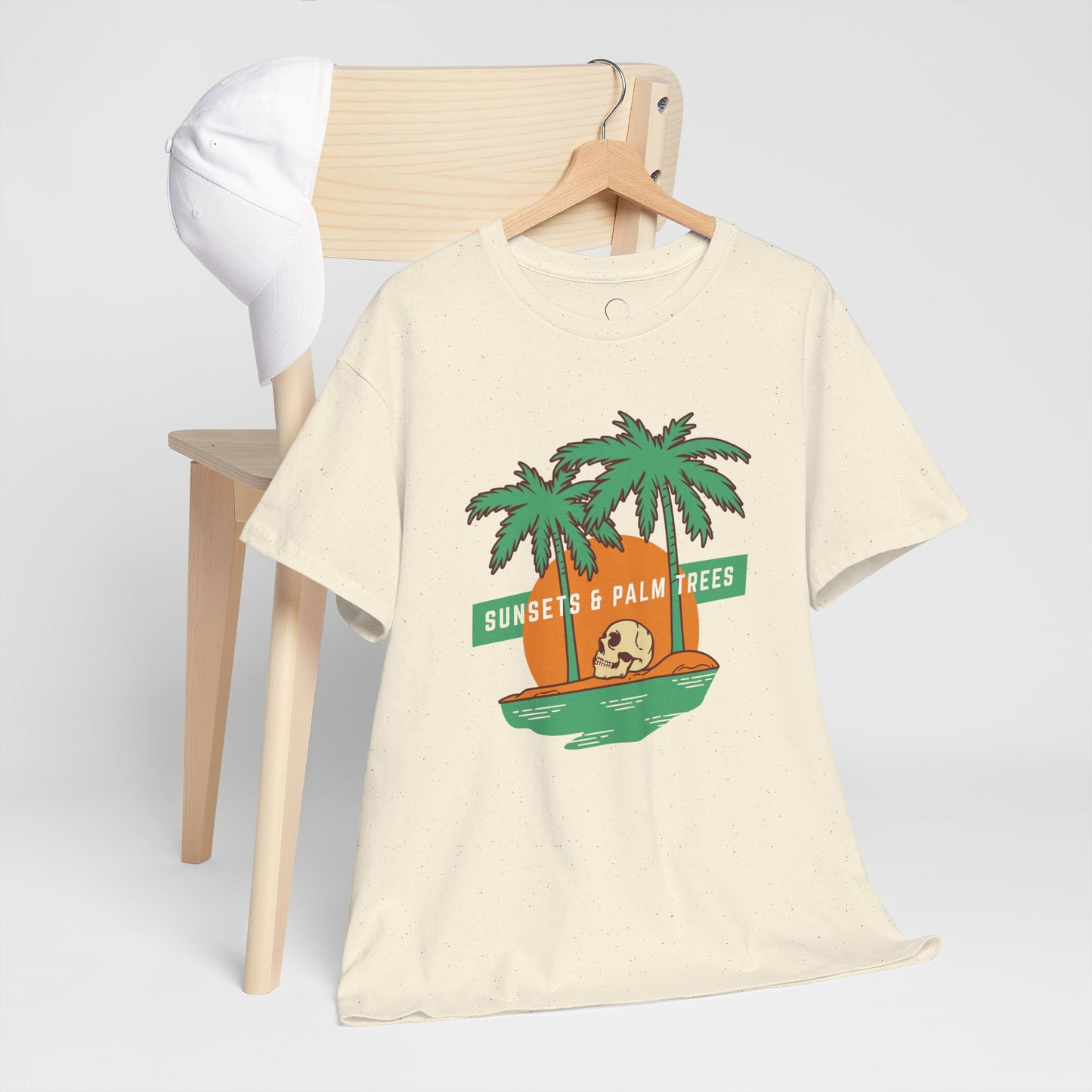 Sunsets & Palm Trees Unisex Heavy Cotton Tee - Beach Vibes Summer Shirt