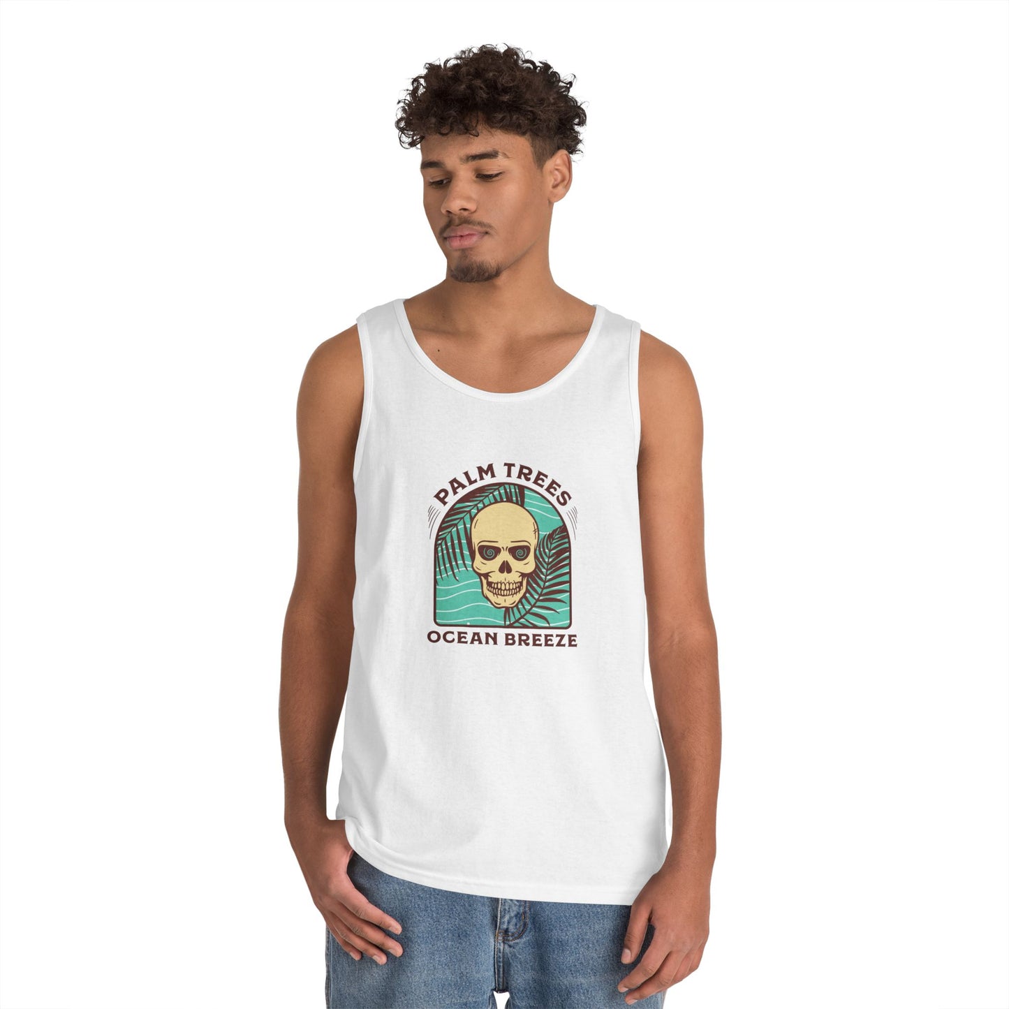 Skull & Palm Trees Unisex Heavy Cotton Tank Top - Ocean Breeze Vibe