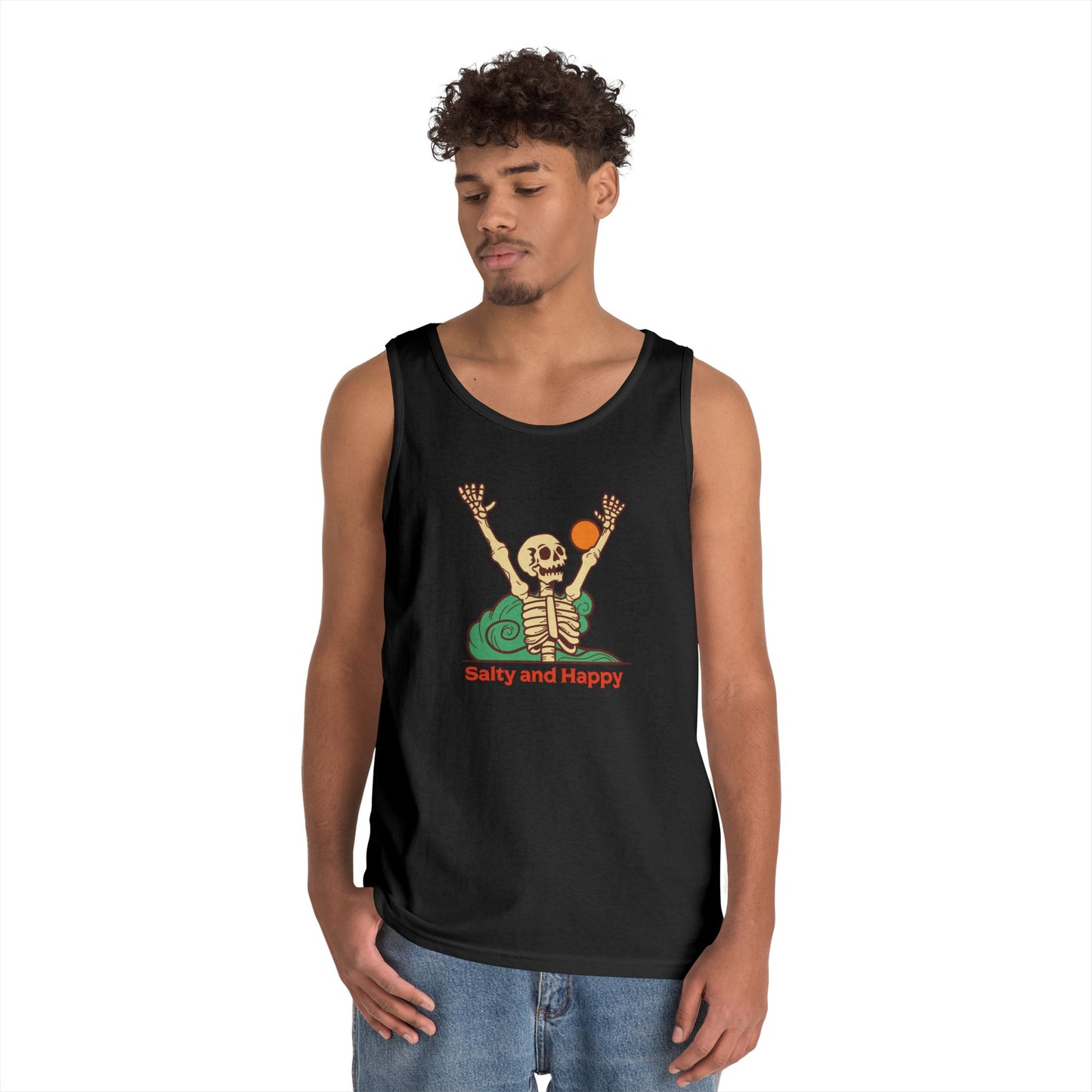 Salty and Happy Skeleton Unisex Heavy Cotton Tank Top - Perfect for Summer Vibes & Beach Days