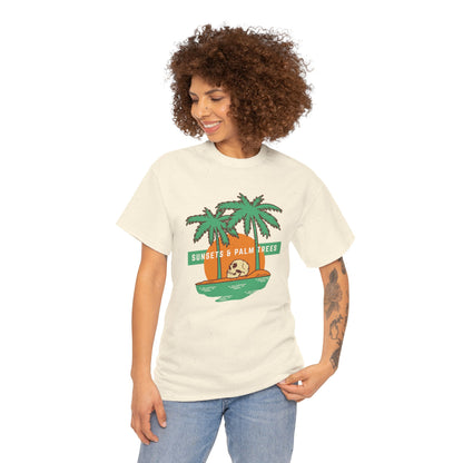 Sunsets & Palm Trees Unisex Heavy Cotton Tee - Beach Vibes Summer Shirt