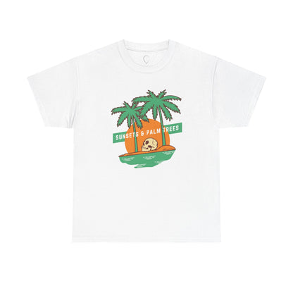 Sunsets & Palm Trees Unisex Heavy Cotton Tee - Beach Vibes Summer Shirt