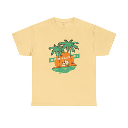 Sunsets & Palm Trees Unisex Heavy Cotton Tee - Beach Vibes Summer Shirt