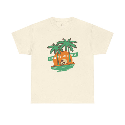 Sunsets & Palm Trees Unisex Heavy Cotton Tee - Beach Vibes Summer Shirt