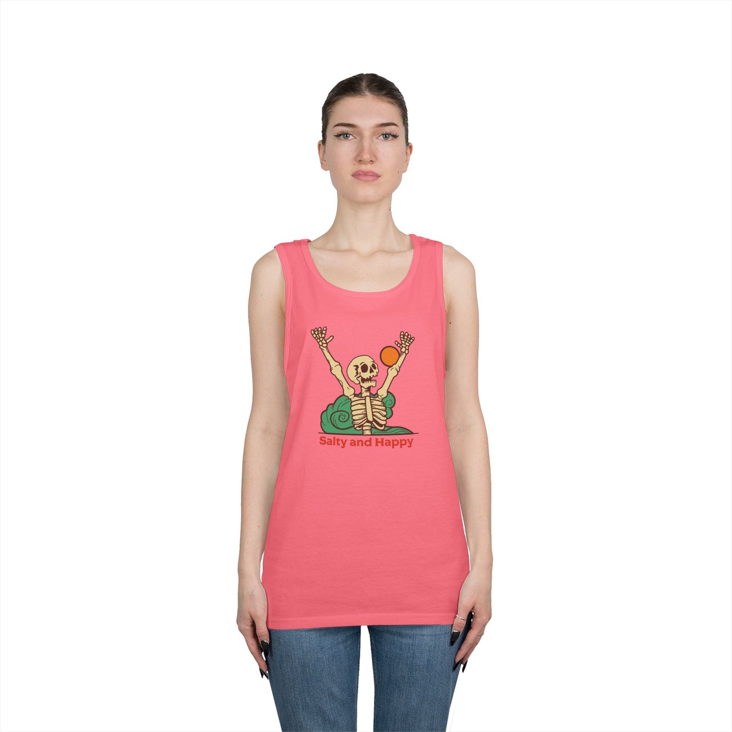 Salty and Happy Skeleton Unisex Heavy Cotton Tank Top - Perfect for Summer Vibes & Beach Days